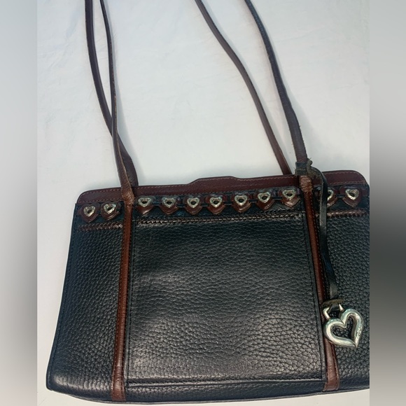 Brighton Paris Black Jagger Leather Vintage Peek a Boo Shoulder Purse Heart Trim - Picture 3 of 15